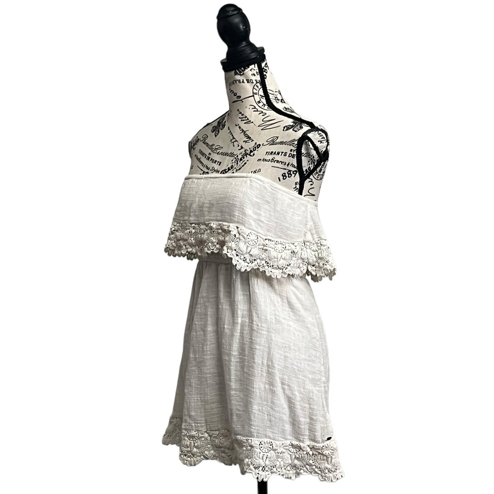 O’Neill Beige Strapless Linen Mini Dress Lace Crochet Boho Peasent Beach S - Picture 2 of 9